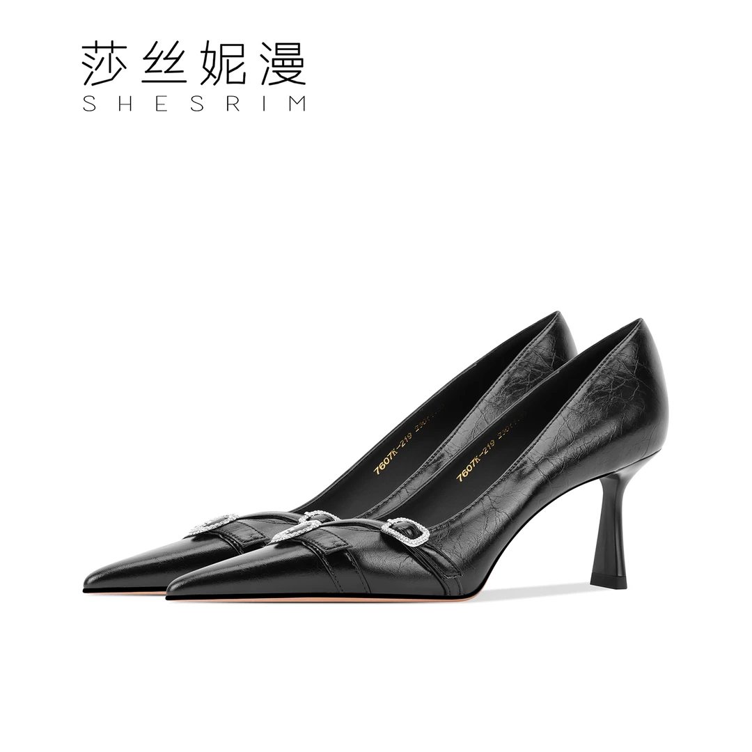 69-黑色尖头高跟鞋女2025秋款百搭细跟时尚单鞋浅口不累脚工作鞋
