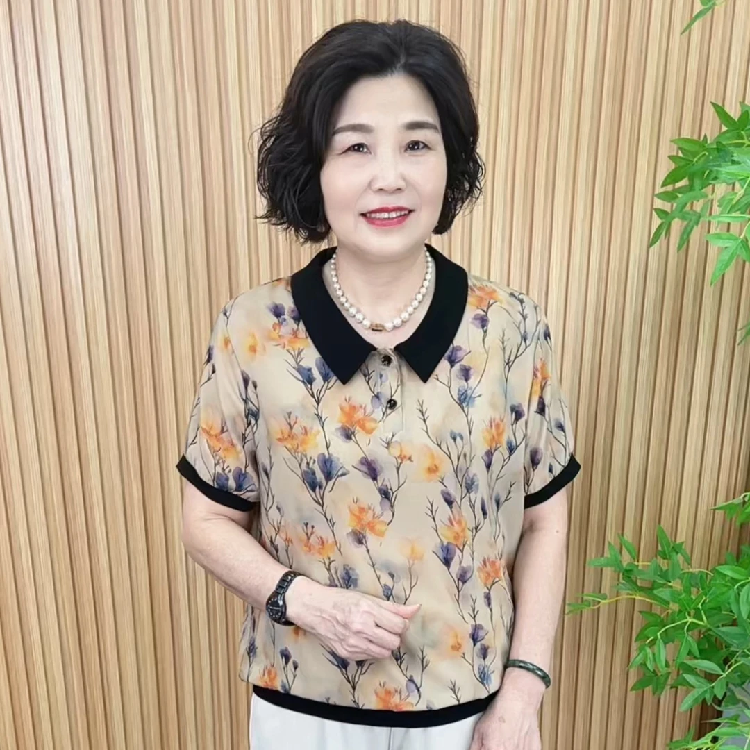 中老年女装中老年夏季薄款衬衫洋气小衫通勤风学院风V2025-1