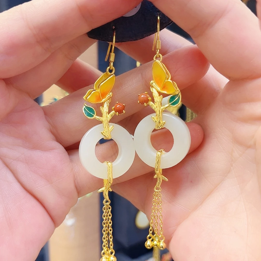 和田玉银S925镀金镶嵌耳饰