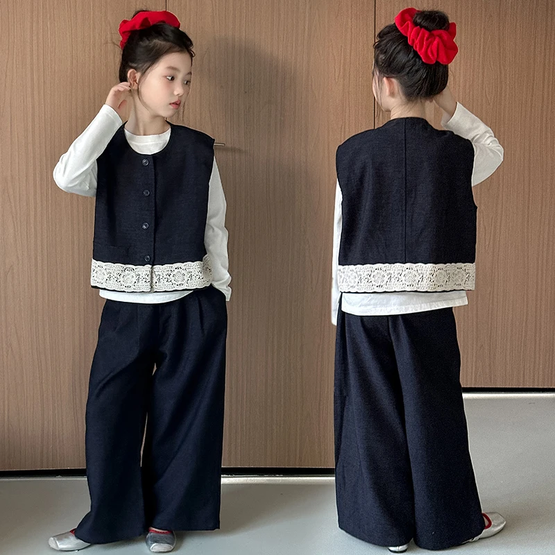 女童马甲阔腿裤三件套秋季2025新款儿童洋气时髦早秋大童秋装套装