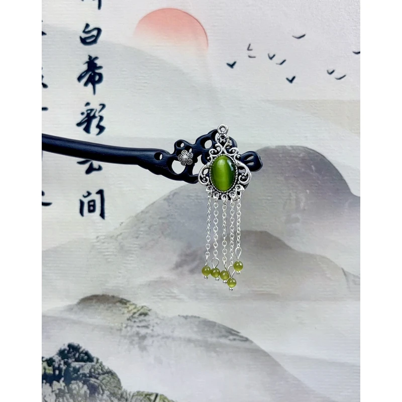 18公分-腊梅军绿猫眼流苏发簪