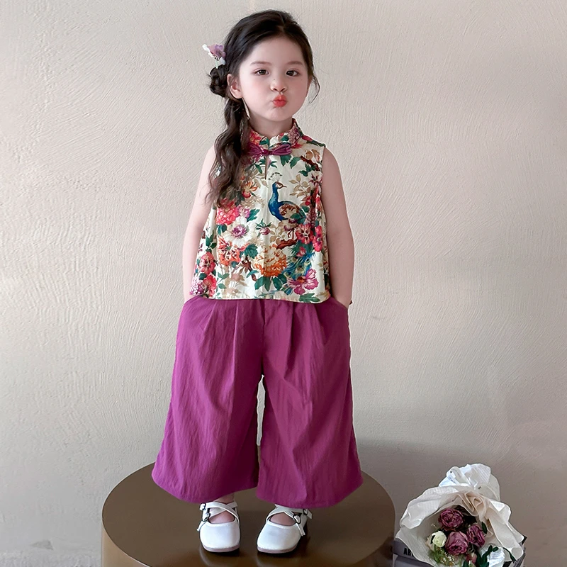 女童新中式碎花背心套装2025新款宝宝夏季汉服两件套国风儿童夏装