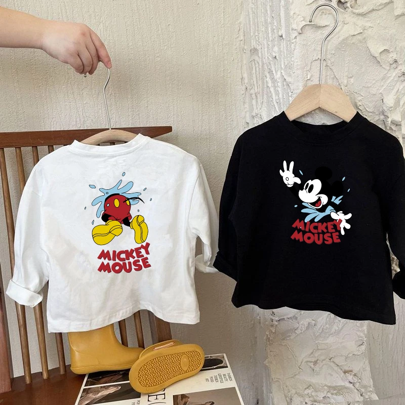 中大童秋季儿童纯棉卡通印花长袖t恤上衣韩版男女童米奇打底衫潮