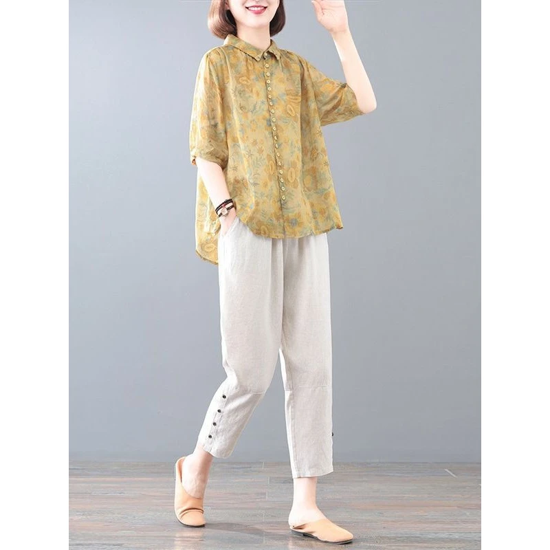 短袖棉麻套装女夏季新款韩版宽松遮肉显瘦妈妈装碎花两件套女