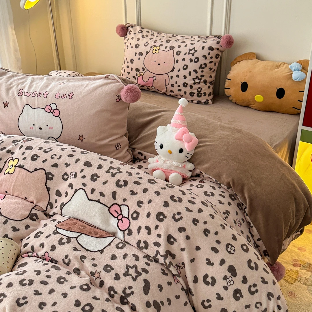 猫咪日记卡通星星豹纹猫毛球款牛奶绒少女心四件套清新宿舍三件套
