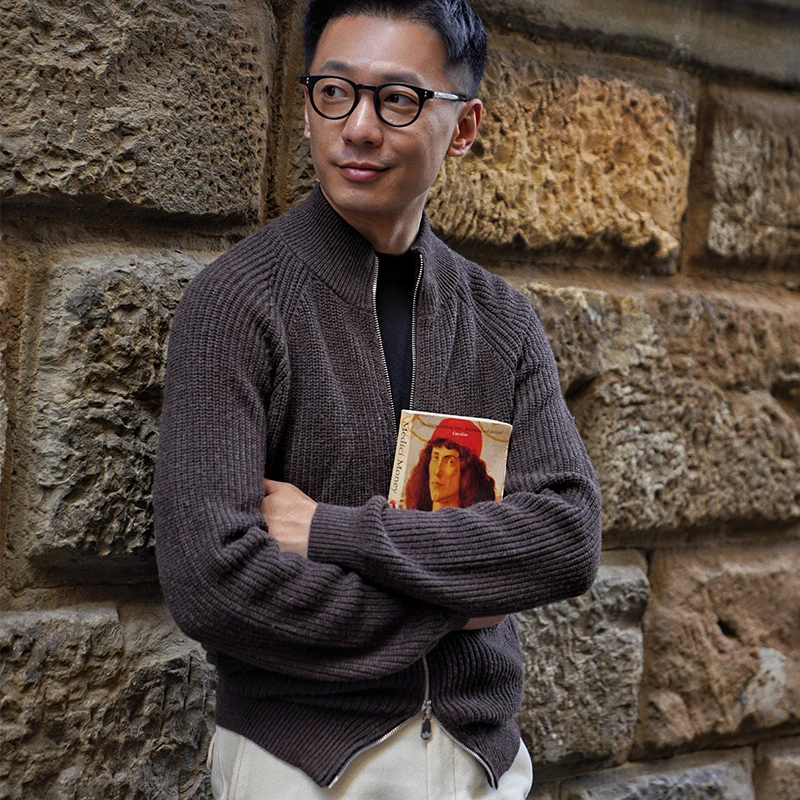 CM那不勒斯皇后意式棕咖色长绒棉羊毛混纺休闲拉链针织开衫