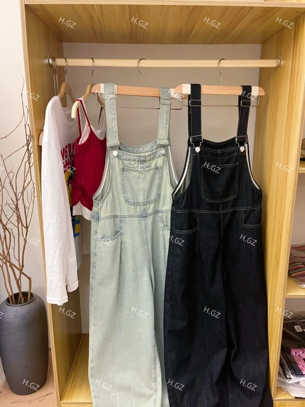 【九分直筒裤# 】H11078 减龄高腰牛仔背带裤女时尚宽松休闲连腿裤