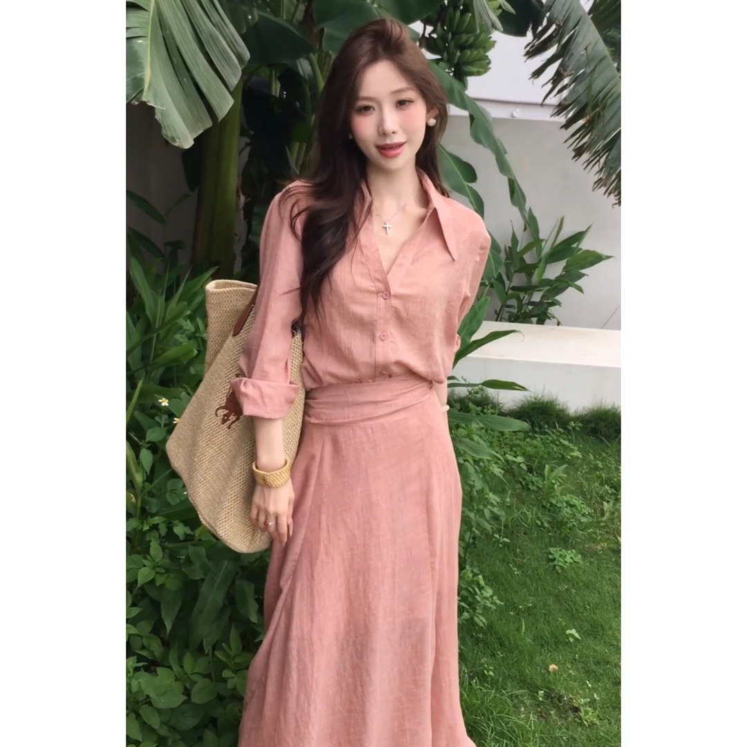 2025新款法式V领宽松气质长袖防晒衬衫粉色套装女半身长裙两件套