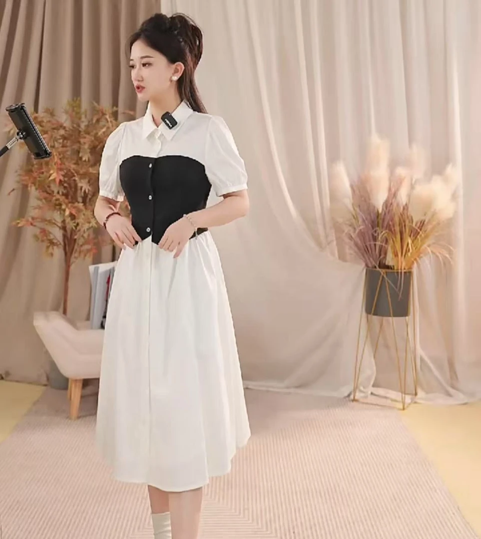 1411 新款高级感温柔气质中长款长袖衬衫假两件连衣裙