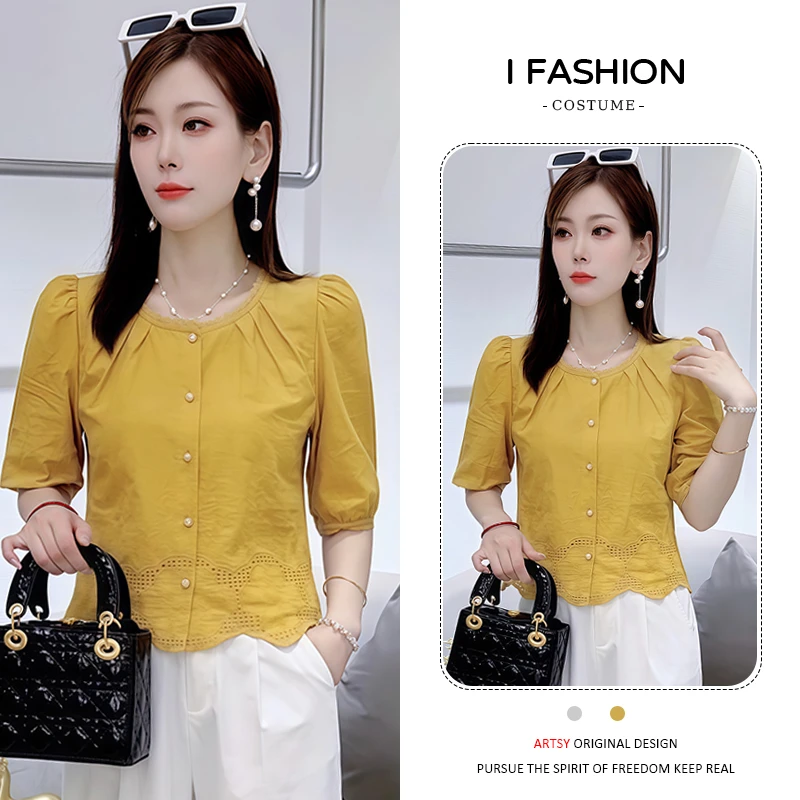 洋气时尚宽松衬衫女2025年夏季新款百搭遮肉显瘦圆领五分袖上衣