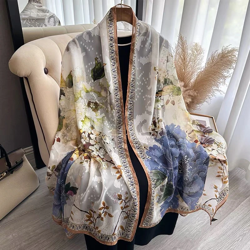 K07清雅芍药丝巾中国风70*180cm长巾剪花