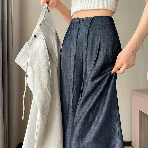 藏青色冰丝亚麻阔腿裤女夏薄款松弛感棉麻直筒休闲拖地裤夏季时尚
