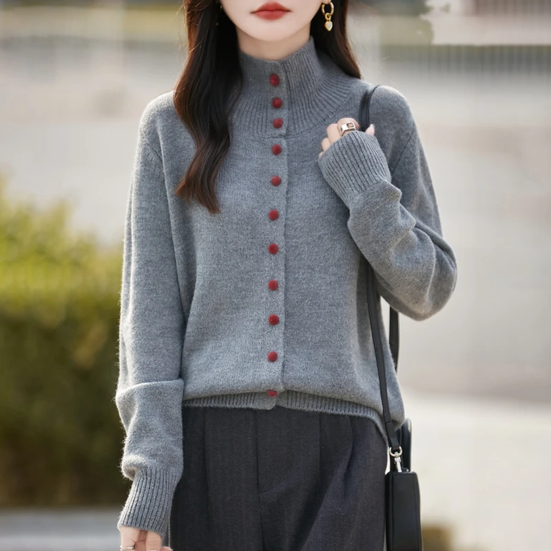 正品哥弟新款冬季加厚长袖针织衫高领洋气百搭开衫精仿羊绒开衫女