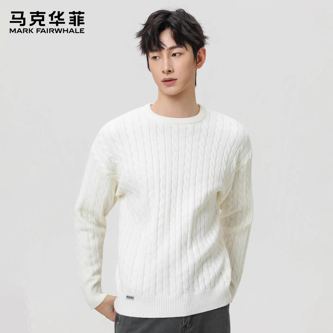 马克华菲白绞花毛衣男宽松休闲百搭简约内搭上衣圆领套头针织衫H
