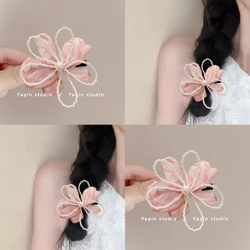 粉色浪漫!粉色网纱花朵发夹!2025新款发卡珍珠鸭嘴夹侧边夹头饰