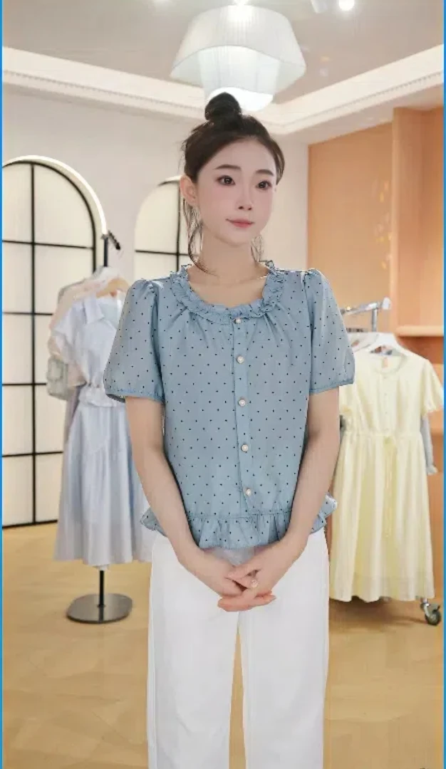 F2926夏季新款法式短袖女士衬衫时尚洋气遮肉显瘦减龄衬衣小衫