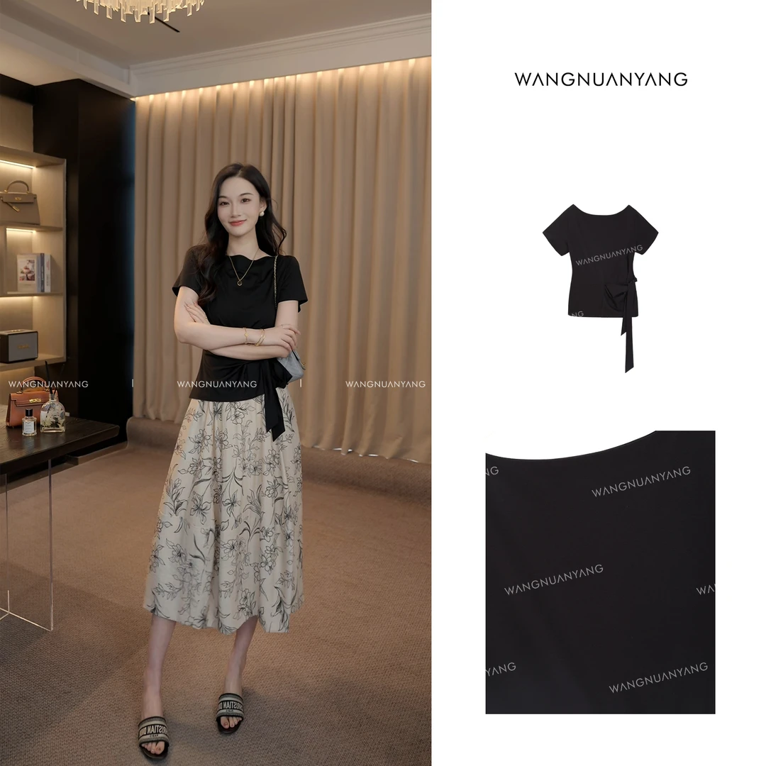 【王暖阳】盛夏|设计感一字领系带收腰显瘦百搭短袖