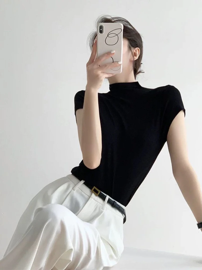 辣妹纯欲风半高领针织T恤夏季性感修身短袖气质显瘦上衣