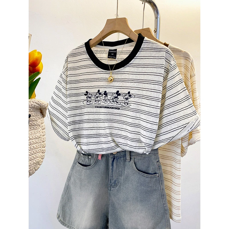 2025夏季新款条纹短袖上衣200斤大码胖mm设计感刺绣宽松显瘦女t恤