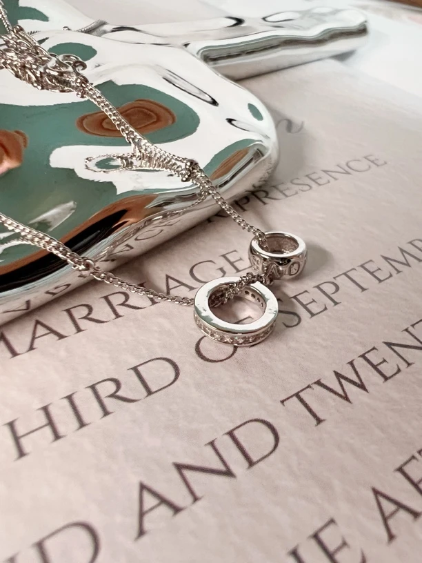 坠链均925银合成锆石 精工时尚百搭电白双圈合成锆石银项链