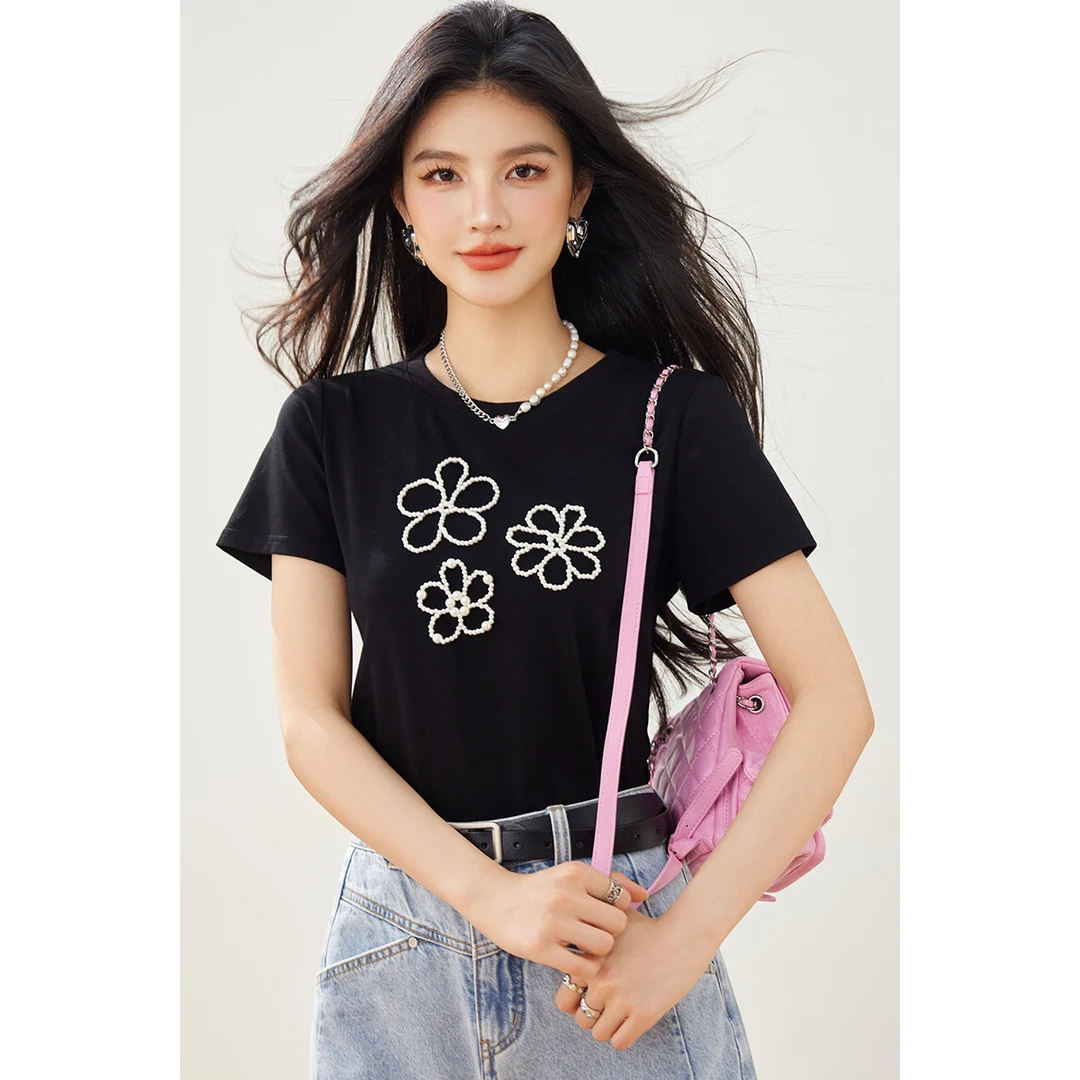 ◆现货◆黑色正肩蝴蝶结T恤女短袖穿搭夏季v领上衣女高级感