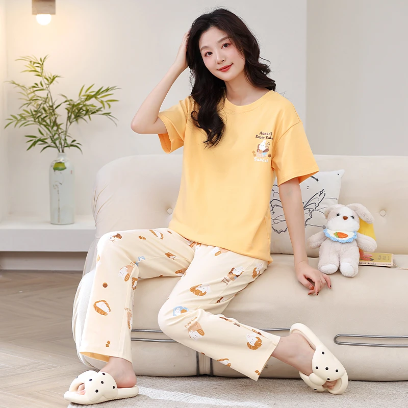 芬腾【带胸垫】防凸点女士睡衣夏季纯棉短袖套装薄款大码圆领家居服