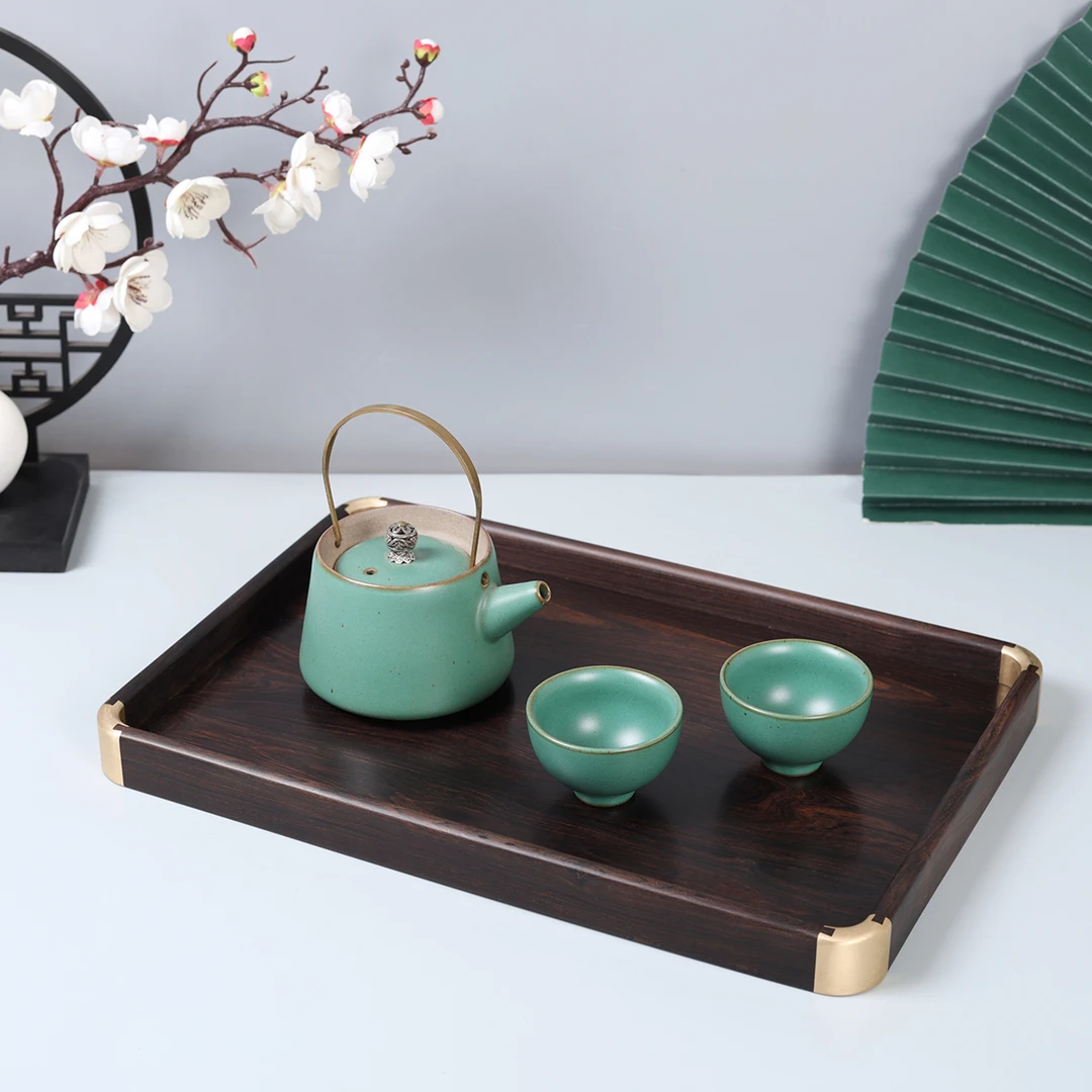 承善堂紫光檀铜角茶盘创意家用干泡盘小型长方形托盘实木文玩果盘