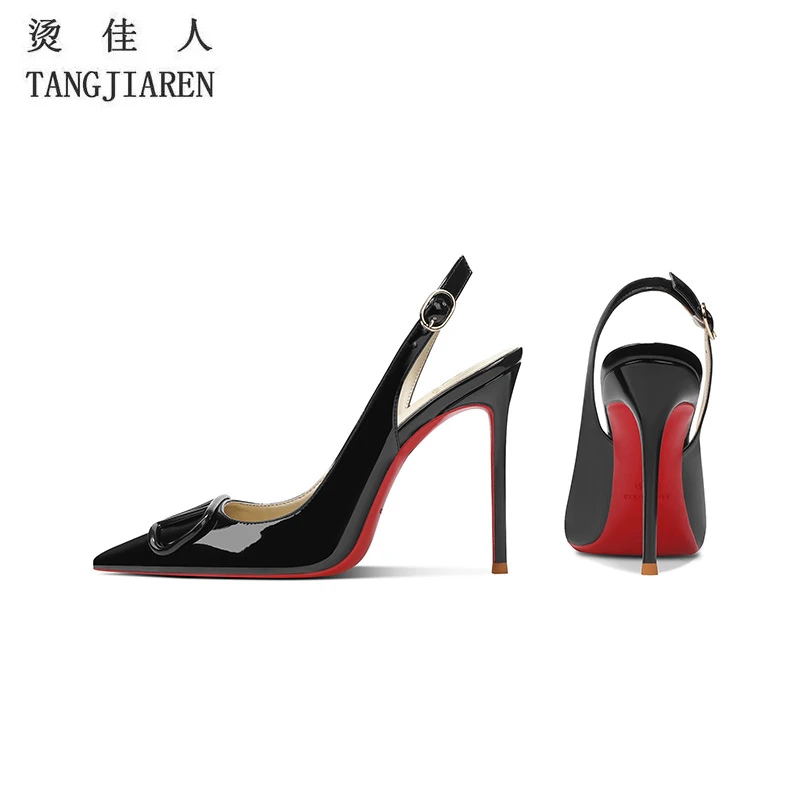 V扣高跟鞋女细跟2025夏新款法式尖头性感浅口红底一字带后空凉鞋