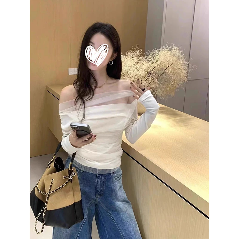 好听鸭纯欲辣妹一字领斜肩长袖T恤女秋修身收腰显瘦短款别致上衣