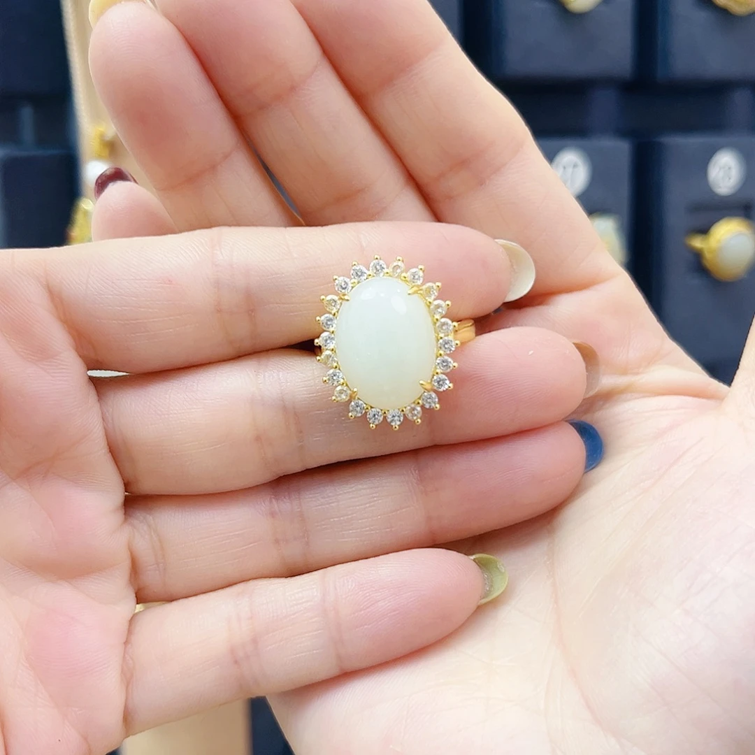 和田玉银S925镀金镶嵌戒指