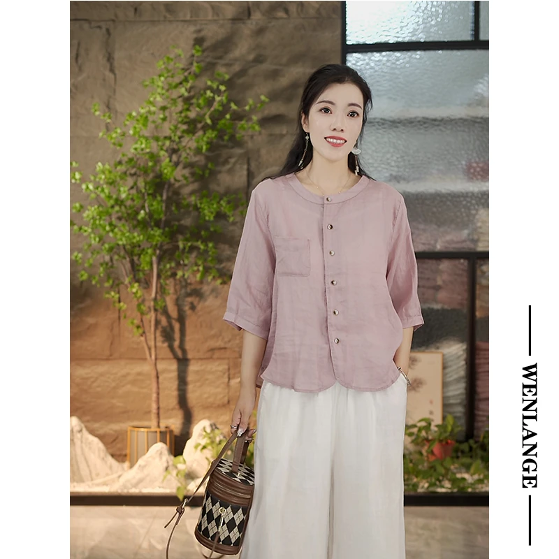 【100苎麻】7710口袋印花圆领中袖衬衫25夏季显瘦气质撞色复古简约