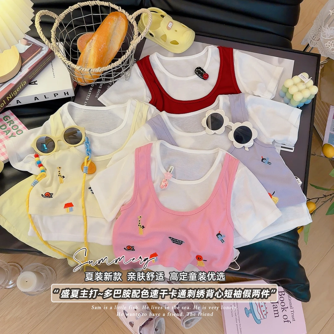 【夏日多巴胺】夏季新款多巴胺穿搭女宝糖果色刺绣假两件短袖T恤