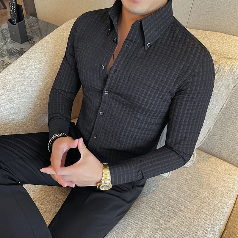 华夫格长袖衬衫男款爆款2025新款春秋休闲时尚痞帅高级感衬衣男