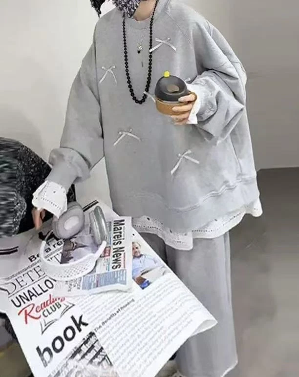 루루가−（蝴蝶天菜） 韩系灰色圆领女2025新款爆款时尚蝴蝶卫衣+卫裤