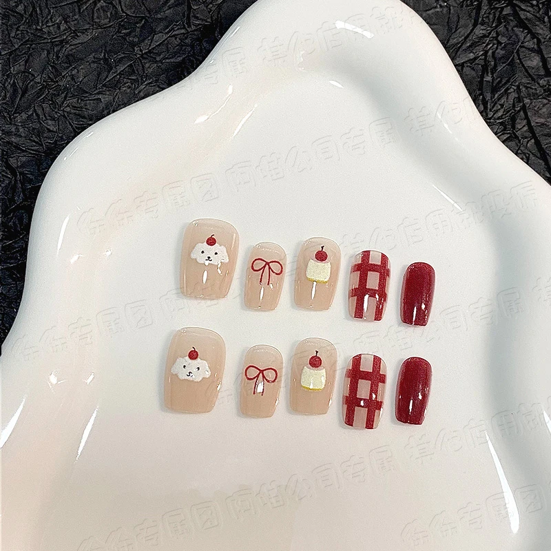 裸色樱桃奶白小狗半手工穿戴甲高级美拉德红色蝴蝶结可拆卸贴片