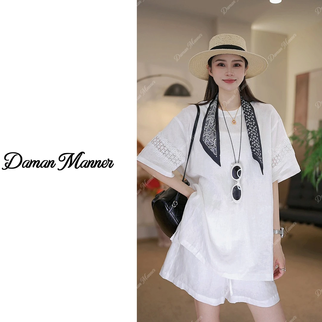 DAMAN | 亚麻T恤蕾丝拼接夏季宽松百搭圆领短袖设计感DM25287