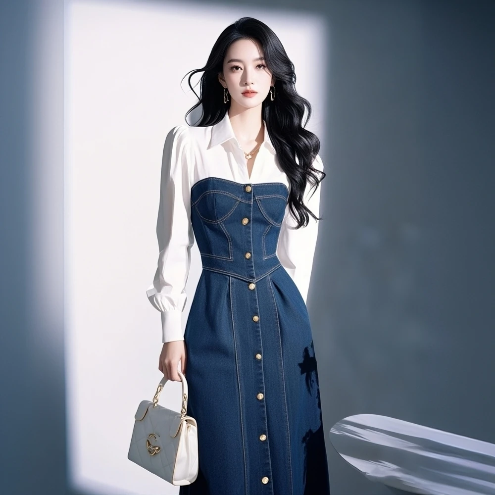 知性衣服衬衫领连衣裙裙子牛仔法式小众收腰秋季新款新国风连衣裙