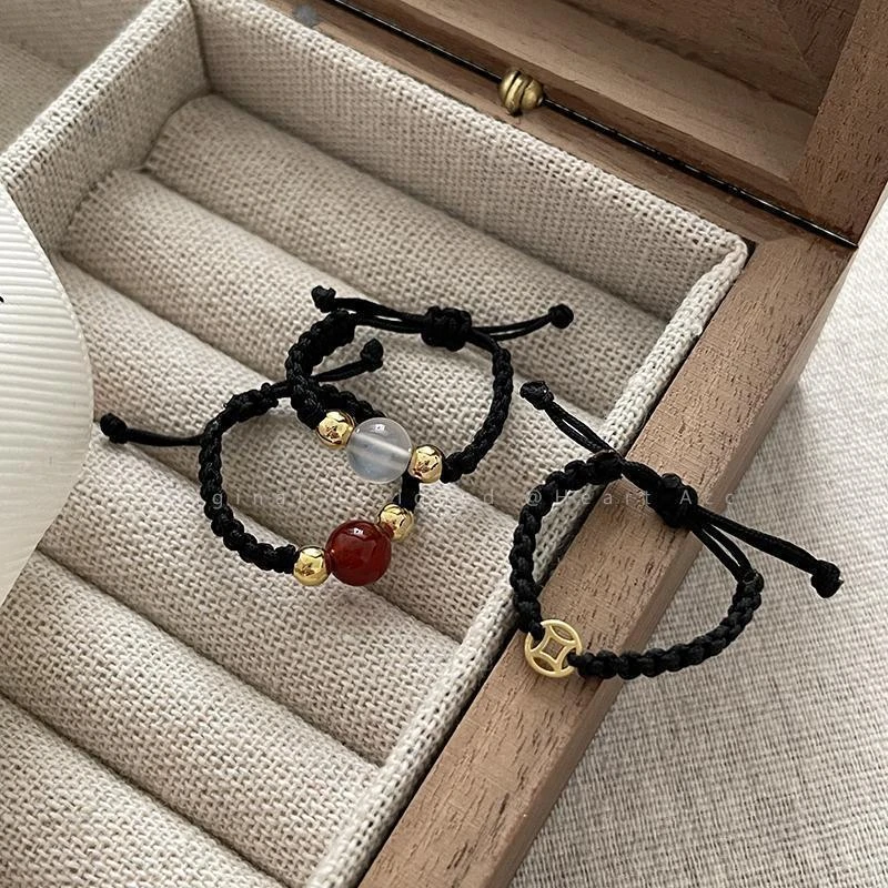 新款相思红豆红玛铜钱编织戒指女设计ins高颜值情侣闺蜜礼物学生