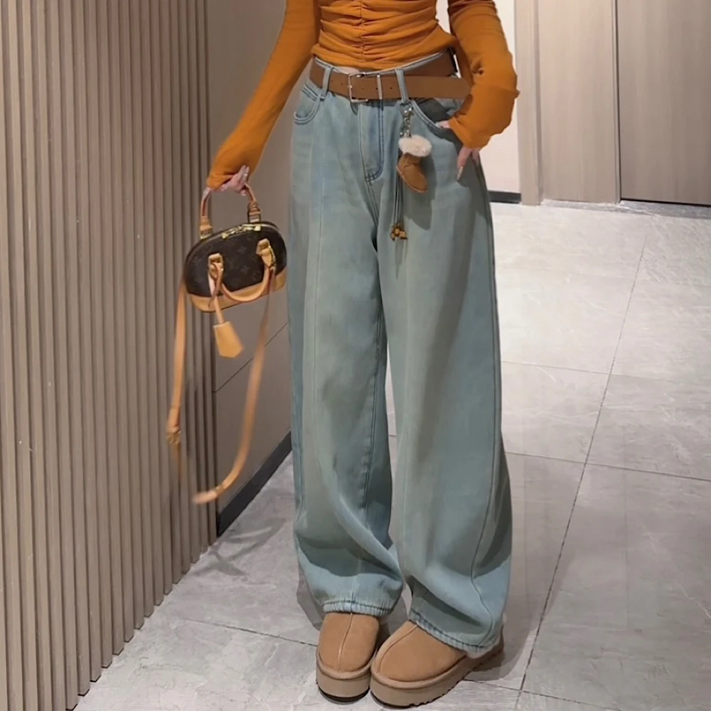 【钻石店铺优选】秋冬新款时尚百搭复古水洗高腰显瘦加绒牛仔阔腿裤