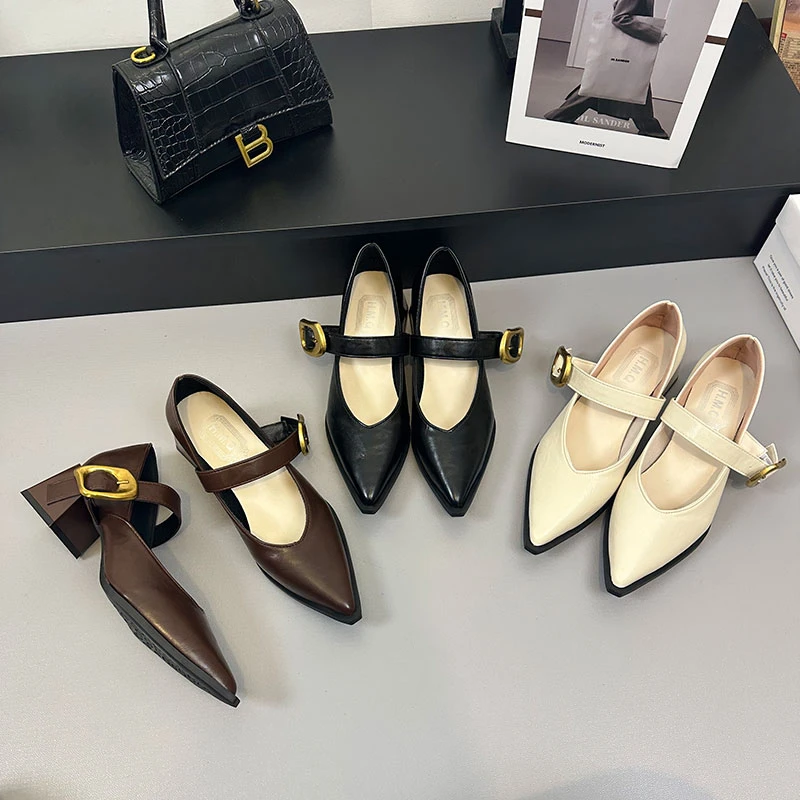 法式复古软皮一字带黑色玛丽珍鞋女粗跟百搭尖头单鞋秋新款高跟鞋