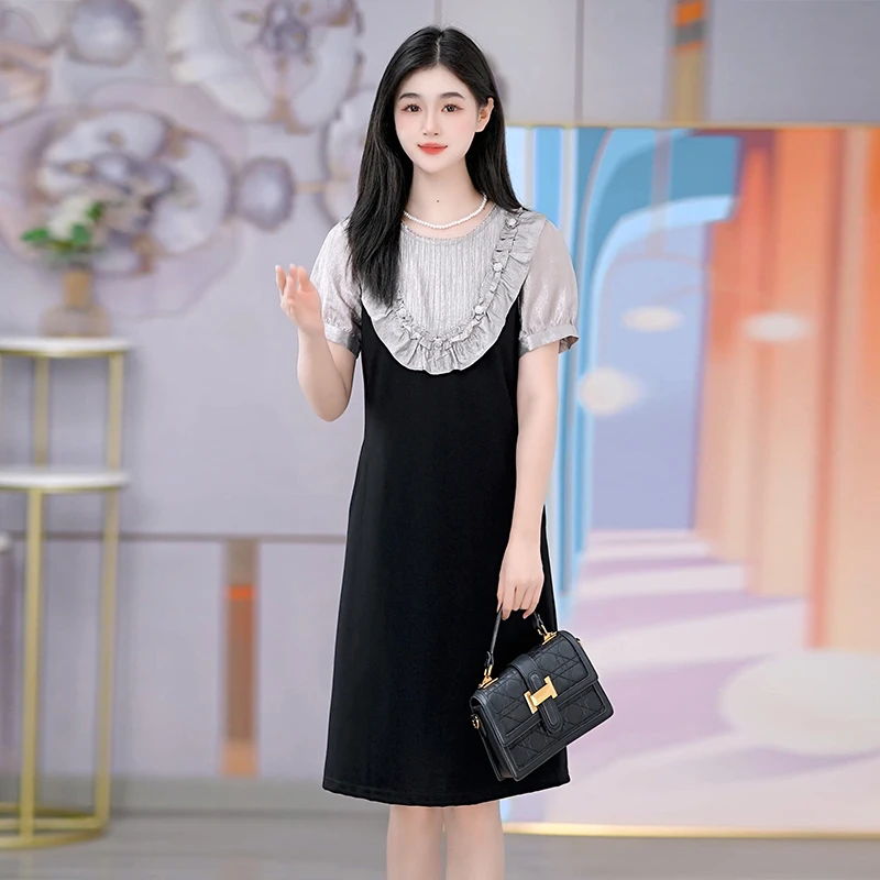 气质黑裙新款显瘦连衣裙拼色设计感优雅中长款裙子