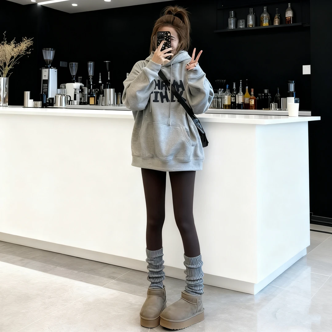 早秋高级感灰色连帽卫衣女爆款秋冬季韩版宽松显瘦中长款加绒外套