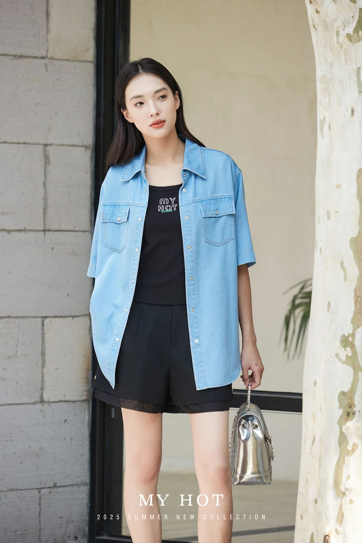 H312116022宽松牛仔衬衫女短袖翻领休闲纯色上衣夏季百搭