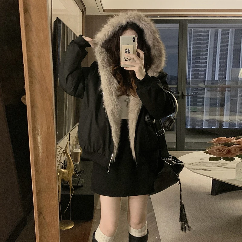 美式复古座山雕棉服外套女短款冬装加绒加厚派克服情侣双面穿棉衣