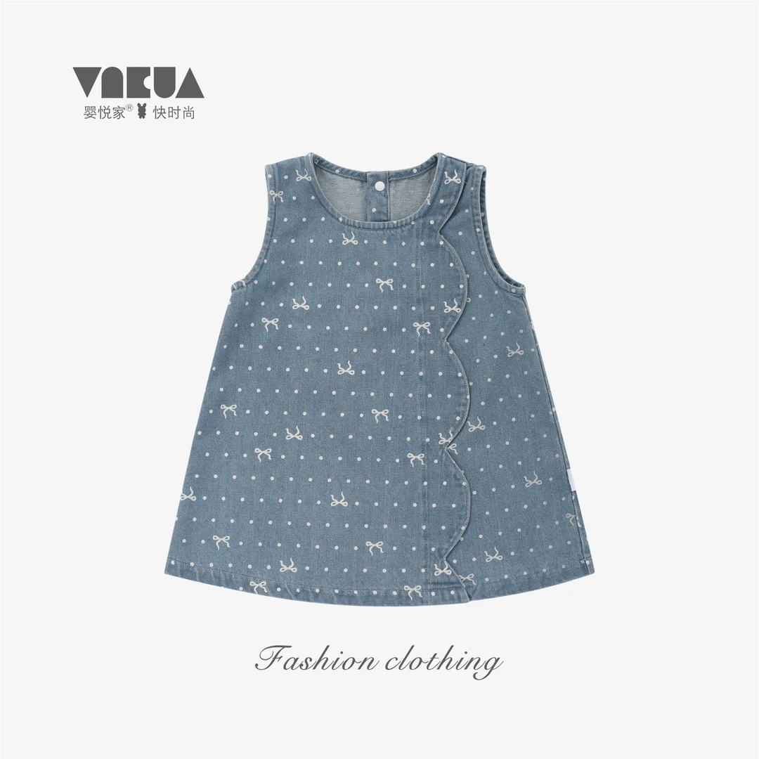 婴悦家女童时尚无袖秋季牛仔洋气可爱点点蝴蝶连衣裙88874