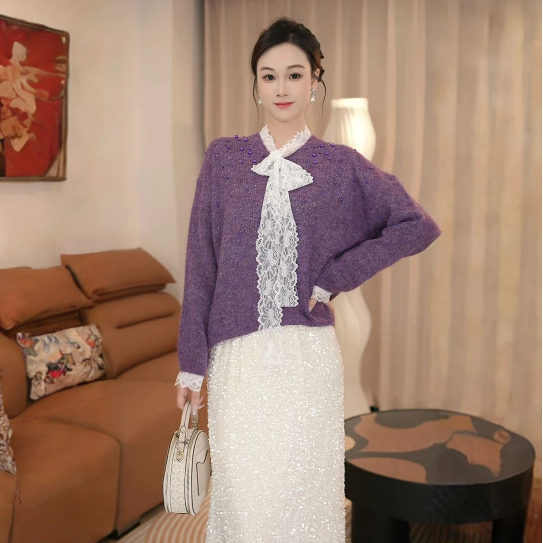 2026新款蝴蝶结蕾丝毛衣女温柔风甜美显瘦法式高级感针织衫加裙子