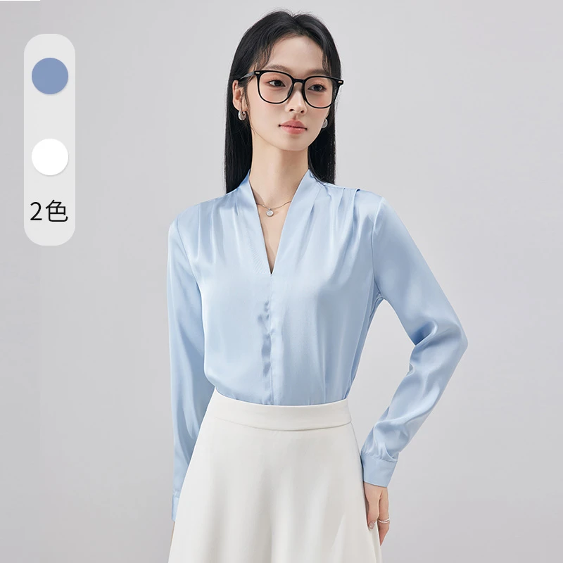 蓝色缎面衬衫女长袖正装v领设计感轻职场通勤穿搭职业面试白衬衣