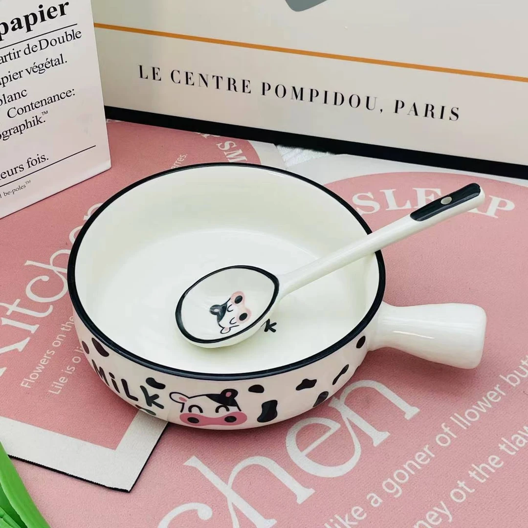 陶瓷釉下彩奶牛手柄碗勺子学生吃饭碗沙拉碗家用米饭碗宿舍泡面碗