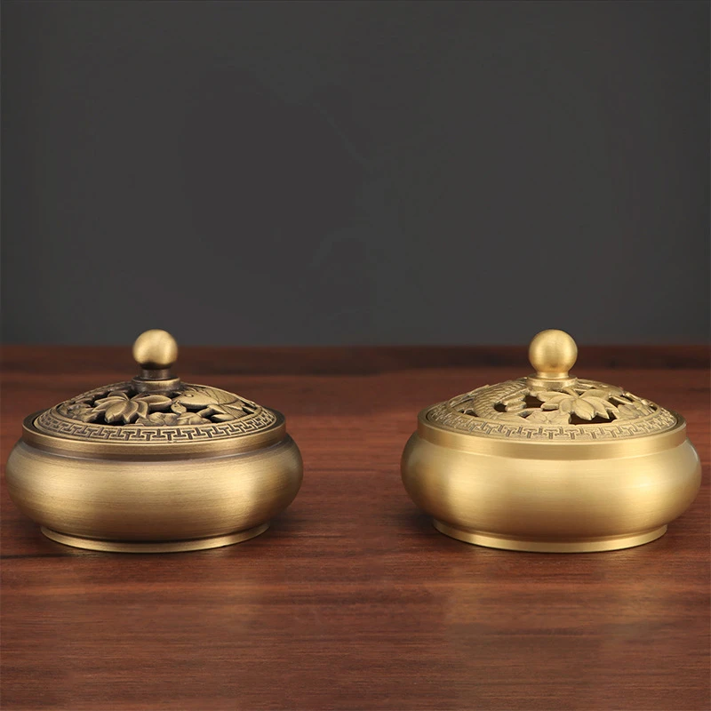 纯黄铜香炉家用室内熏香炉盘香炉仿古平底香炉禅意摆件小香炉铜炉