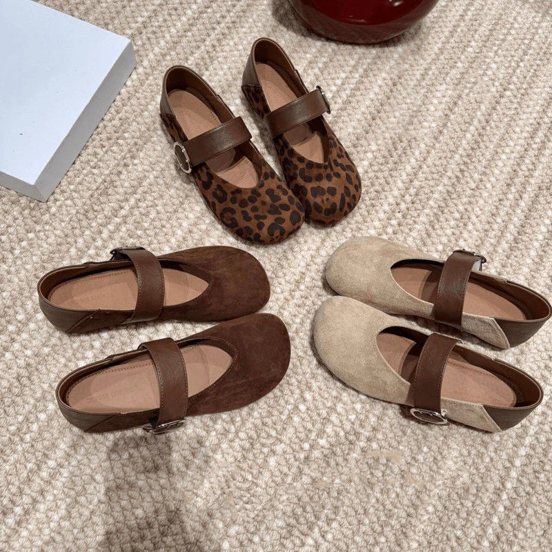 2025新款秋季韩版圆头绒面一字带复古豹纹时尚玛丽珍小皮鞋
